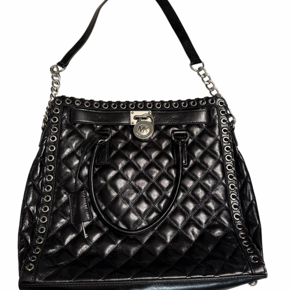 Michael Kors Black Quilted Leather Satchel Shoulder Bag Purse - Picture 3 of 7